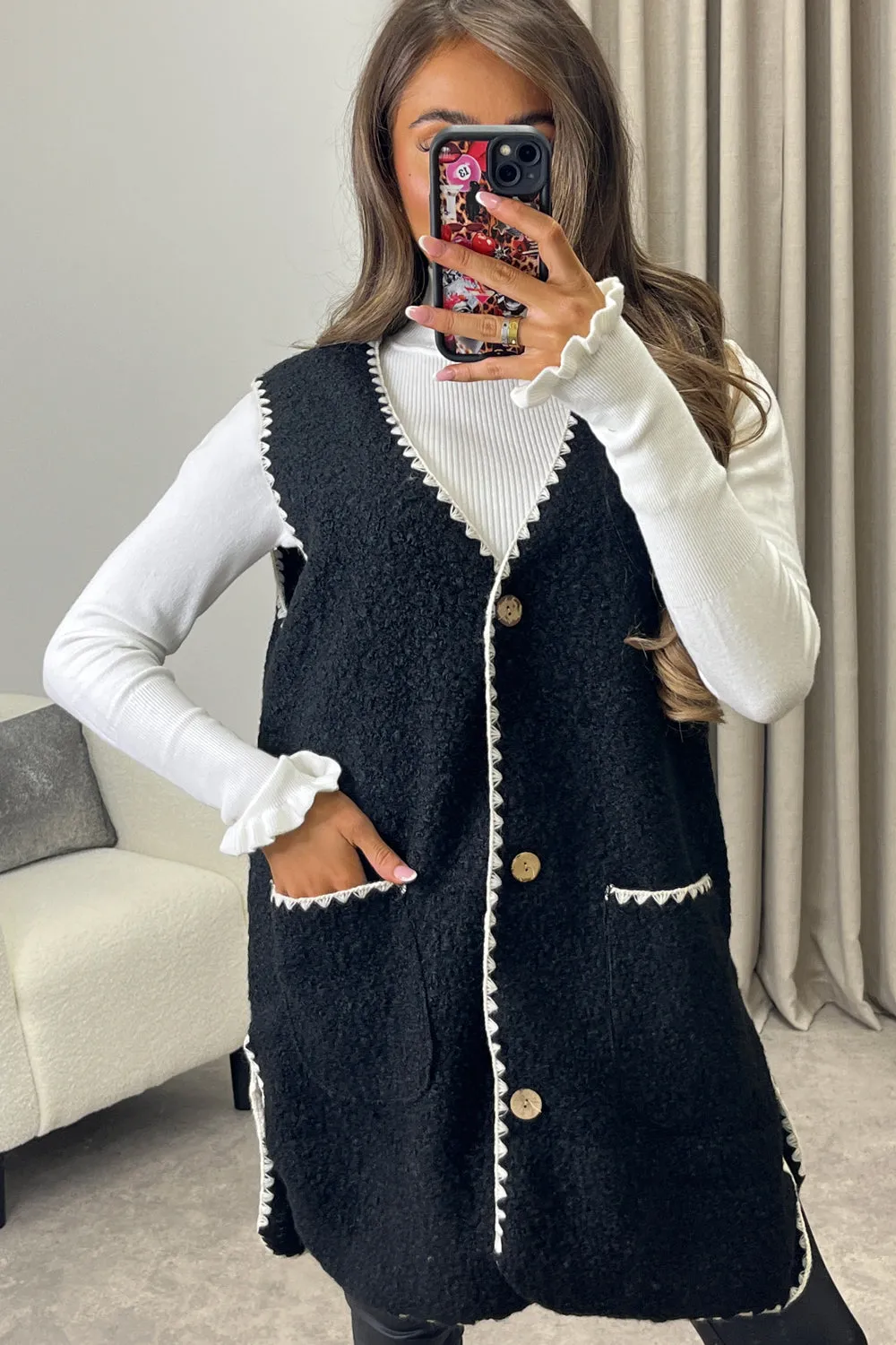 Amala Black Contrast Trim Teddy Borg Button Front Gilet