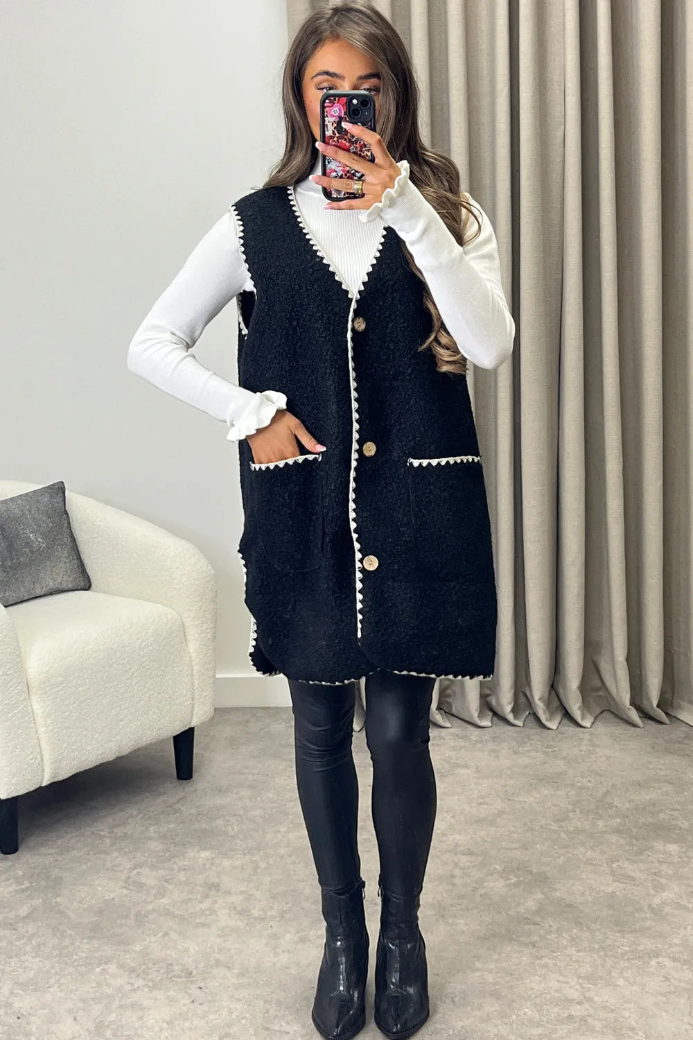 Amala Black Contrast Trim Teddy Borg Button Front Gilet