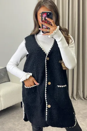 Amala Black Contrast Trim Teddy Borg Button Front Gilet