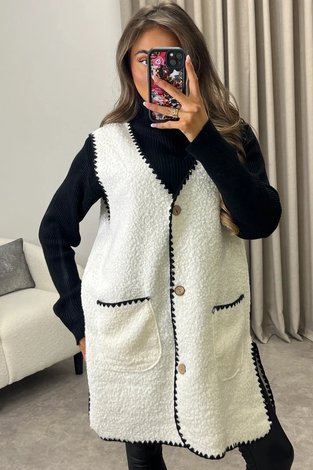 Amala White Contrast Trim Teddy Borg Button Front Gilet