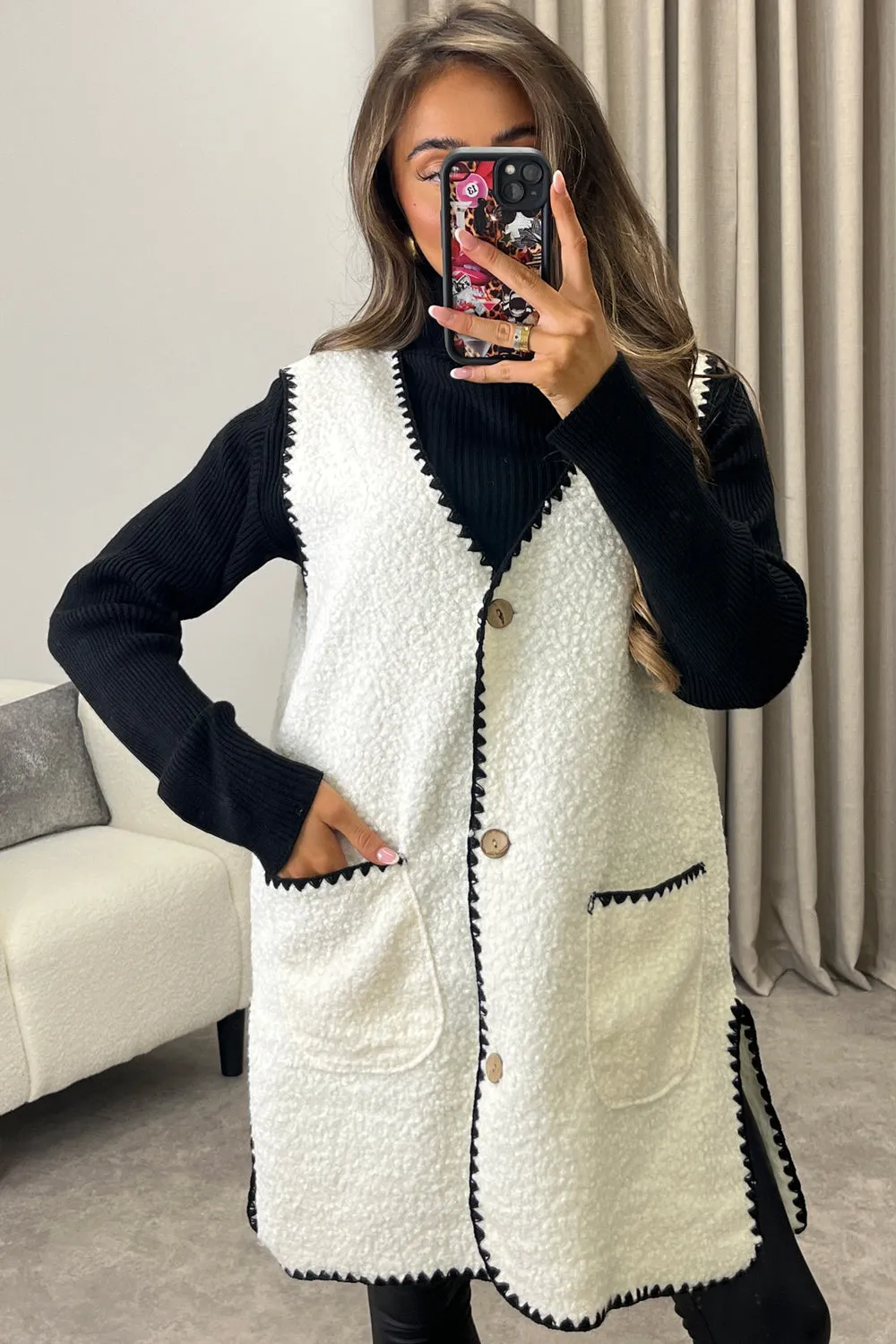 Amala White Contrast Trim Teddy Borg Button Front Gilet