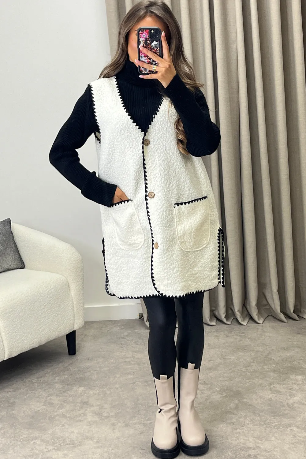Amala White Contrast Trim Teddy Borg Button Front Gilet