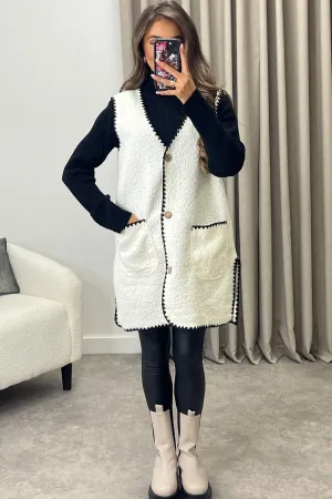 Amala White Contrast Trim Teddy Borg Button Front Gilet