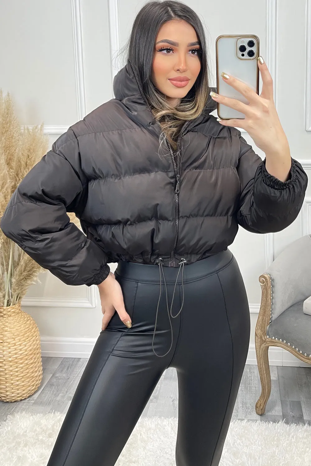 Conni Brown Cropped Drawstring Puffer Jacket